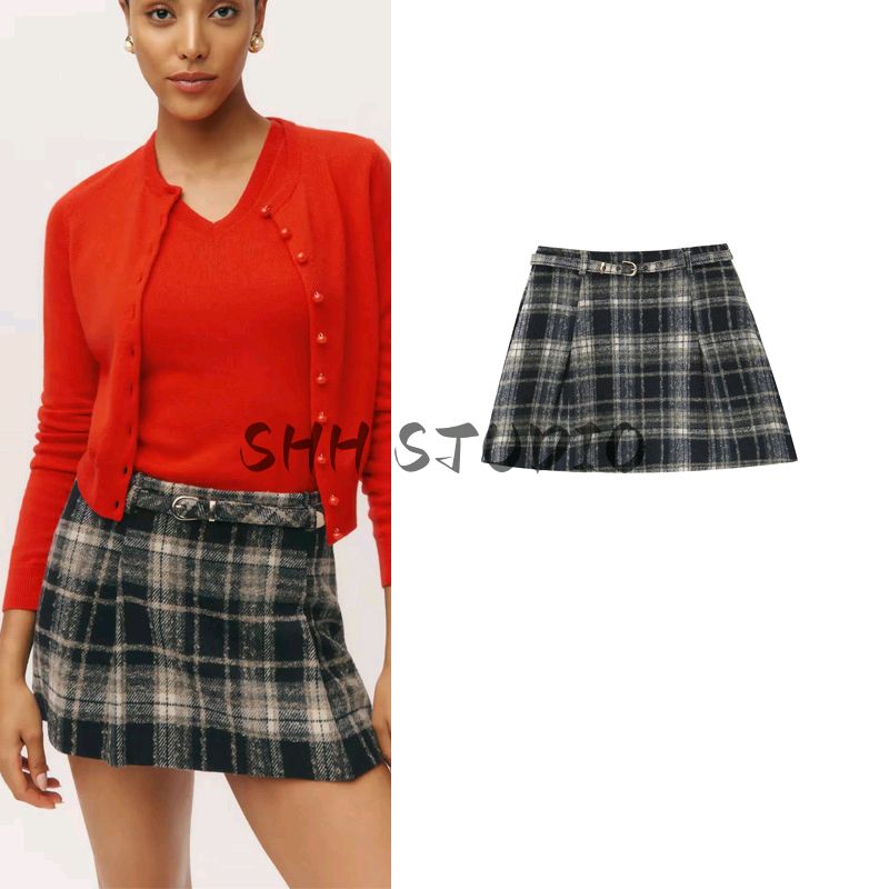 25 Spring New Women's Clothing French Preppy Style Plaid Drawstring Ruched All-Matching Short High Waist A- line Skirt