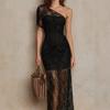 European and American new products spring and summer sexy slim lace see-through lining off-the-shoulder holiday dress