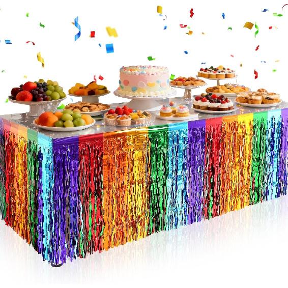 2 Pack Foil Table Skirts Fringe Table Banner Decorations, Rectangle Round Tables Curta Streamer Backdrop for Birthday Baby Shower Wedding Engagement