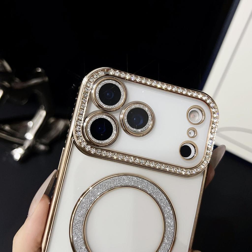Sparkle Magnetic Wireless Charging Phone Case for iPhone 16 Pro Max/15, Women's Transparent, Soft Cover.