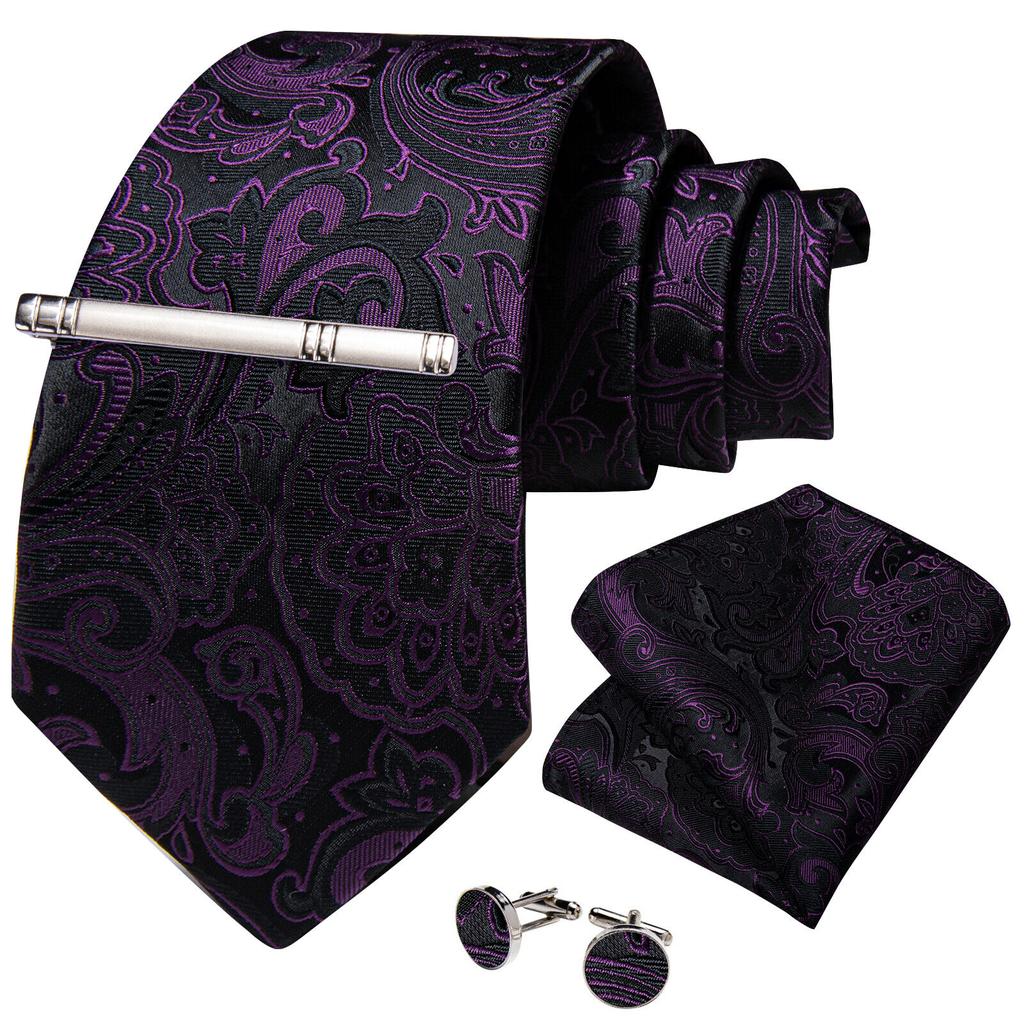 Slik Mens Tie Clip Set Gold Striped Necktie Pocket Square Cufflinks Wedding 4PCS