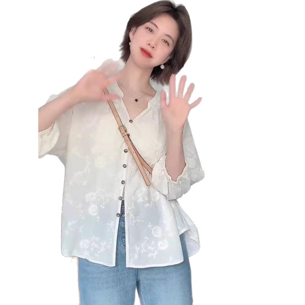 Elegant Embroidered Summer 2025 Women's Seven-Sleeve Top