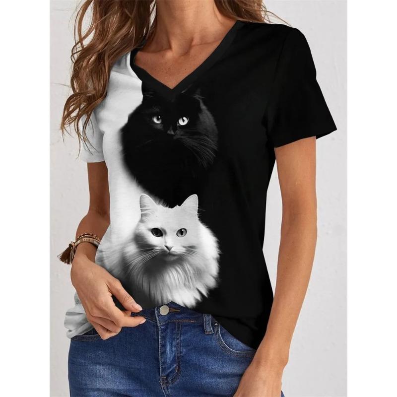

Casual Fashion Simple Abstract Painting Animal Black and White Cat Breathable 3D Printed V-neck Short Sleeve T-shirt Casual Sports Shirt XL