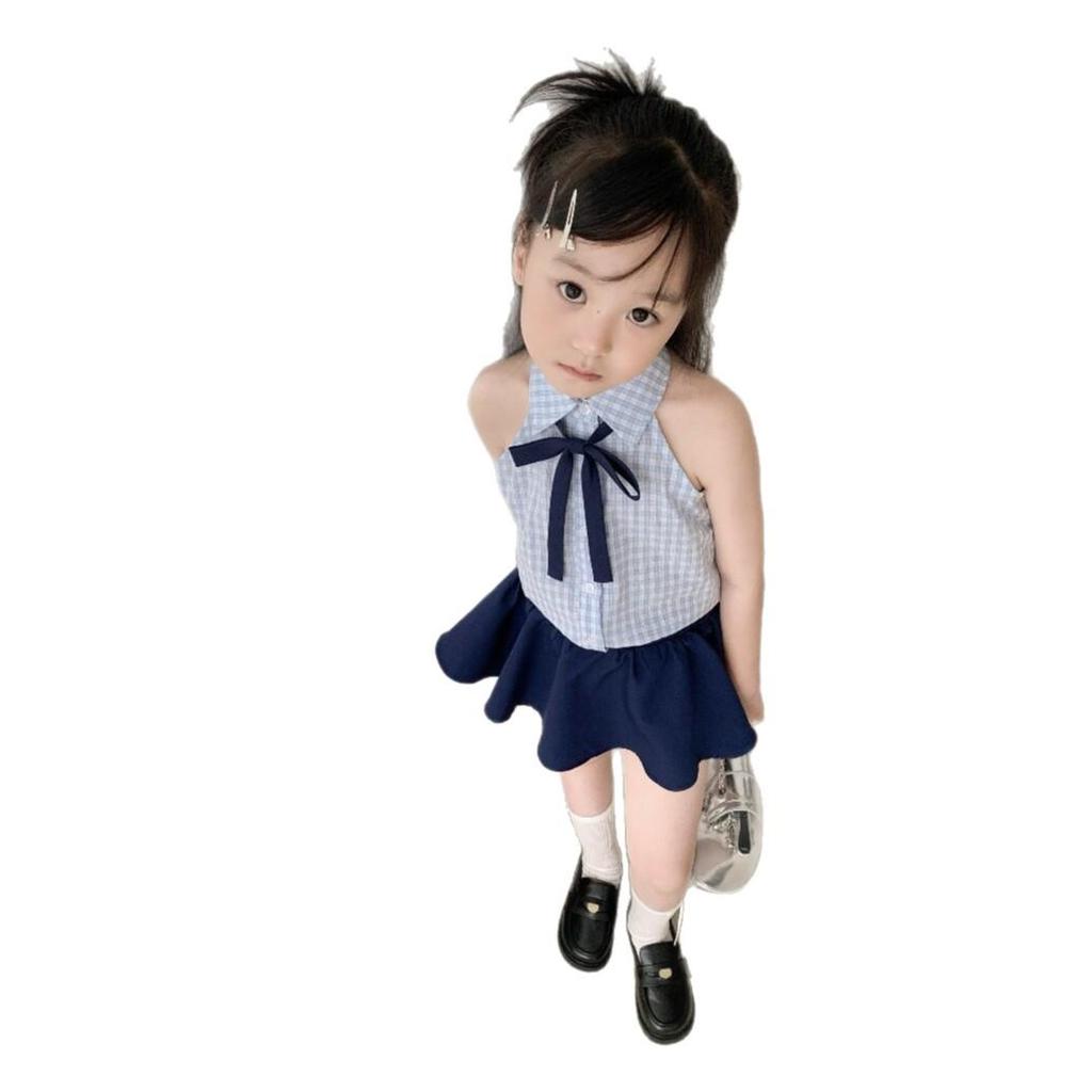 Girls' Summer Plaid Halter Set – Navy Skirt & Shirt