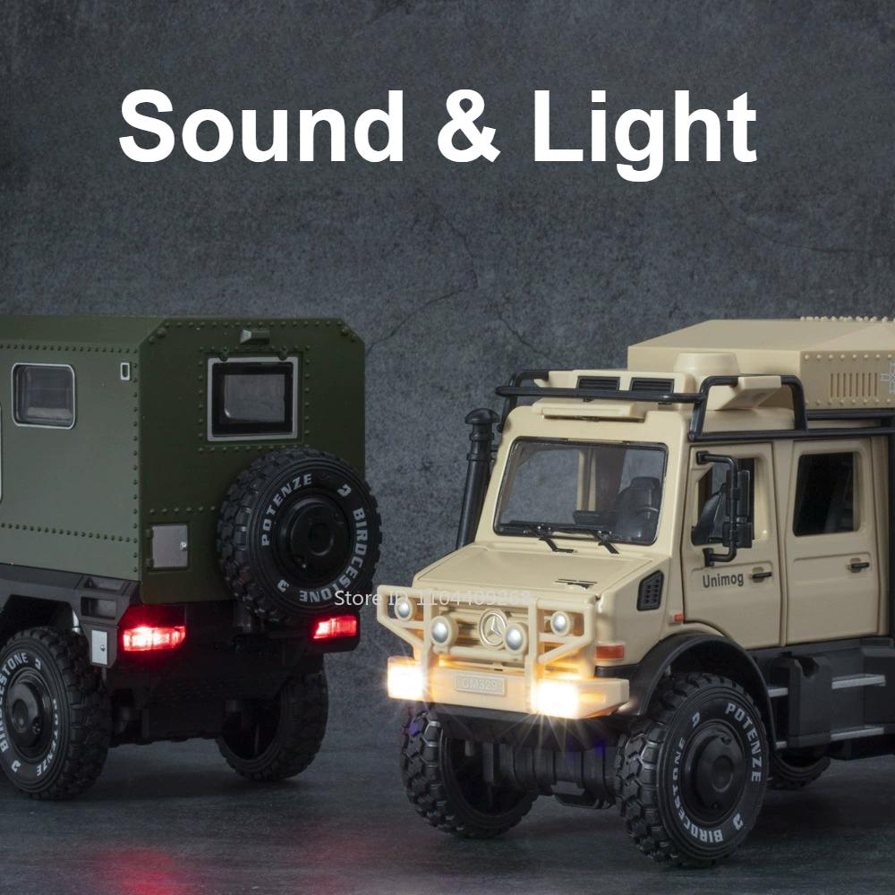 1:28 Scale Unimog U5000 Land Rover Defender Toy Car Model Rubber Tire Alloy Diecast Sound Light Off-Road Vehicle Child Toy