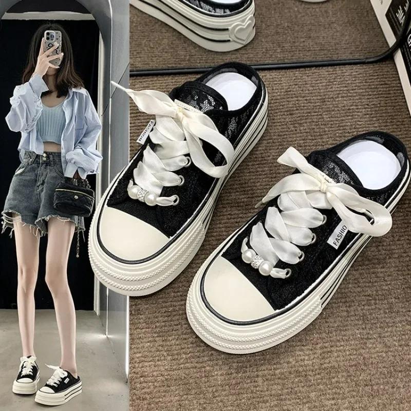 Fashion Women Canvas Shoes New 2024 Spring Summer flat sneakers women casual shoes low upper lace up white shoes for women