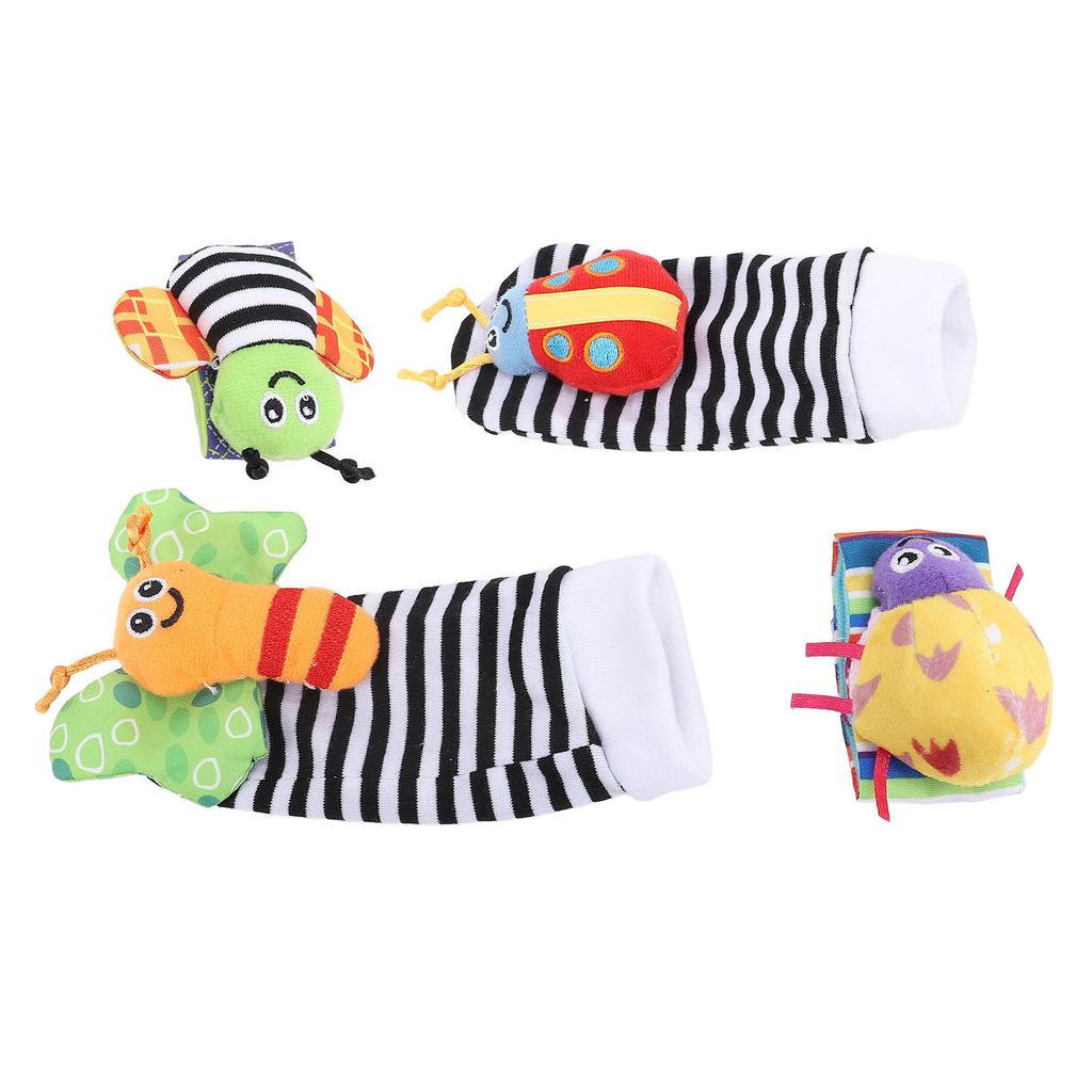 4pcs Wrist Rattle Foot Finder Socks Set for Baby Plush Stuffed Animals Hand Bracelet Rattle Feet Ankle Socks Soft Sensory Toys