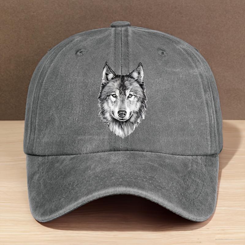 Modische Baseballkappe für Damen und Herren mit Buchstaben-Wolfskopf-Print, gewaschen, verstellbare Trucker-Kappe für Outdoor-Sportarten, Angeln