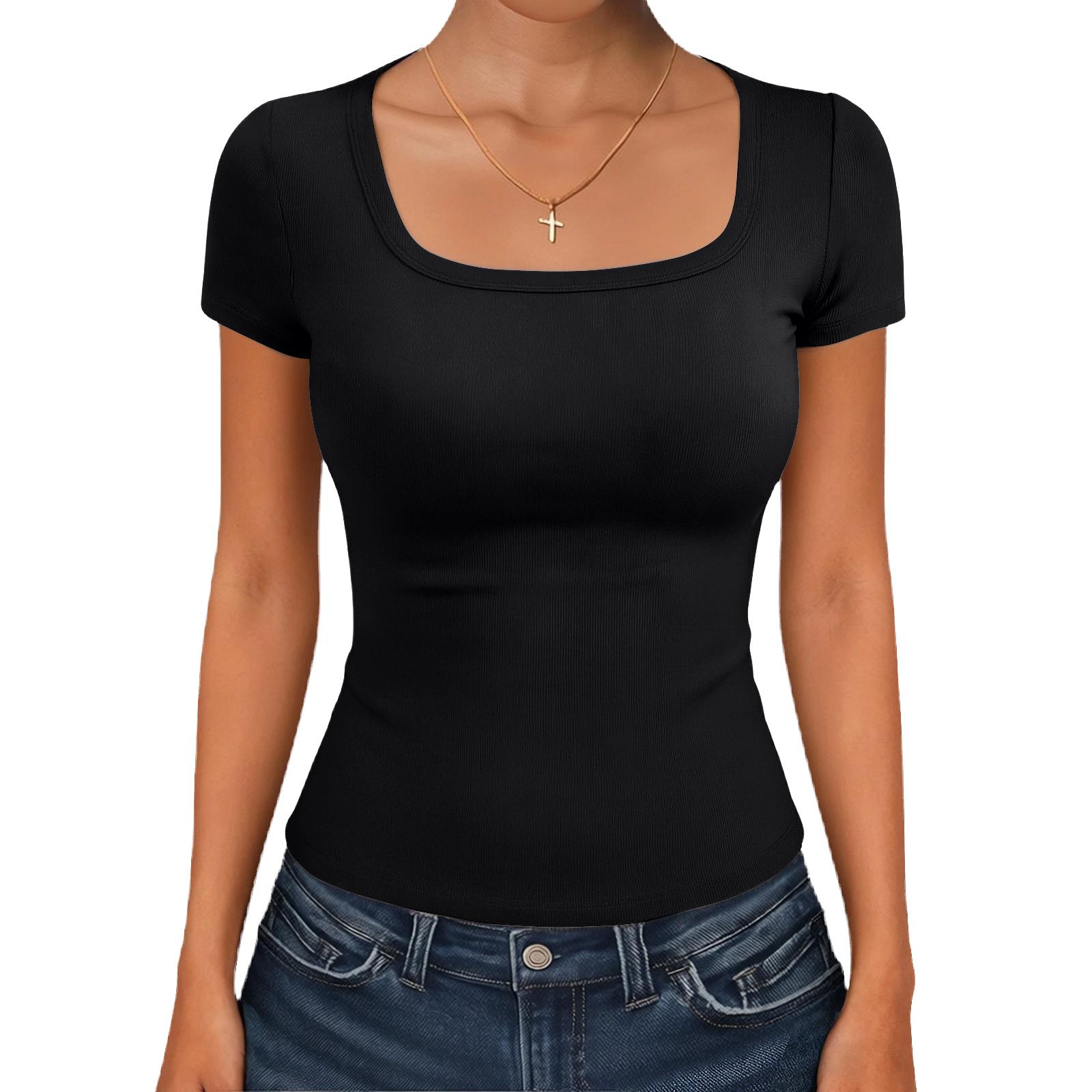 

Женская базовая модная футболка с квадратным вырезом и коротким рукавом XXL чёрный