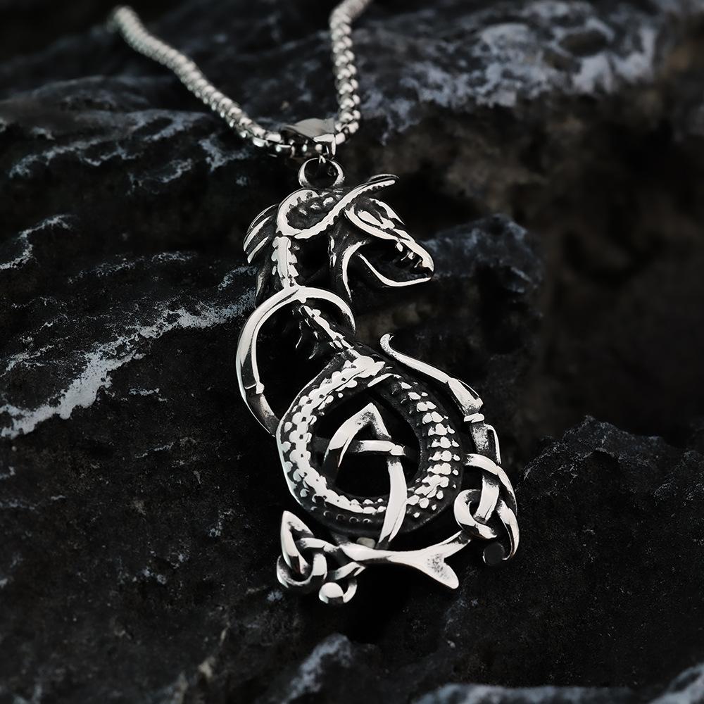 Viking Style Celtic Knot Dragon Pendant Stainless Steel Necklace For Men