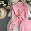 Spring Autumn Women Elegant Knitted Sweater Office Two Piece Set V-neck 3D Flower Pullover Tops and Long Maxi Sheath Skirt Outfits