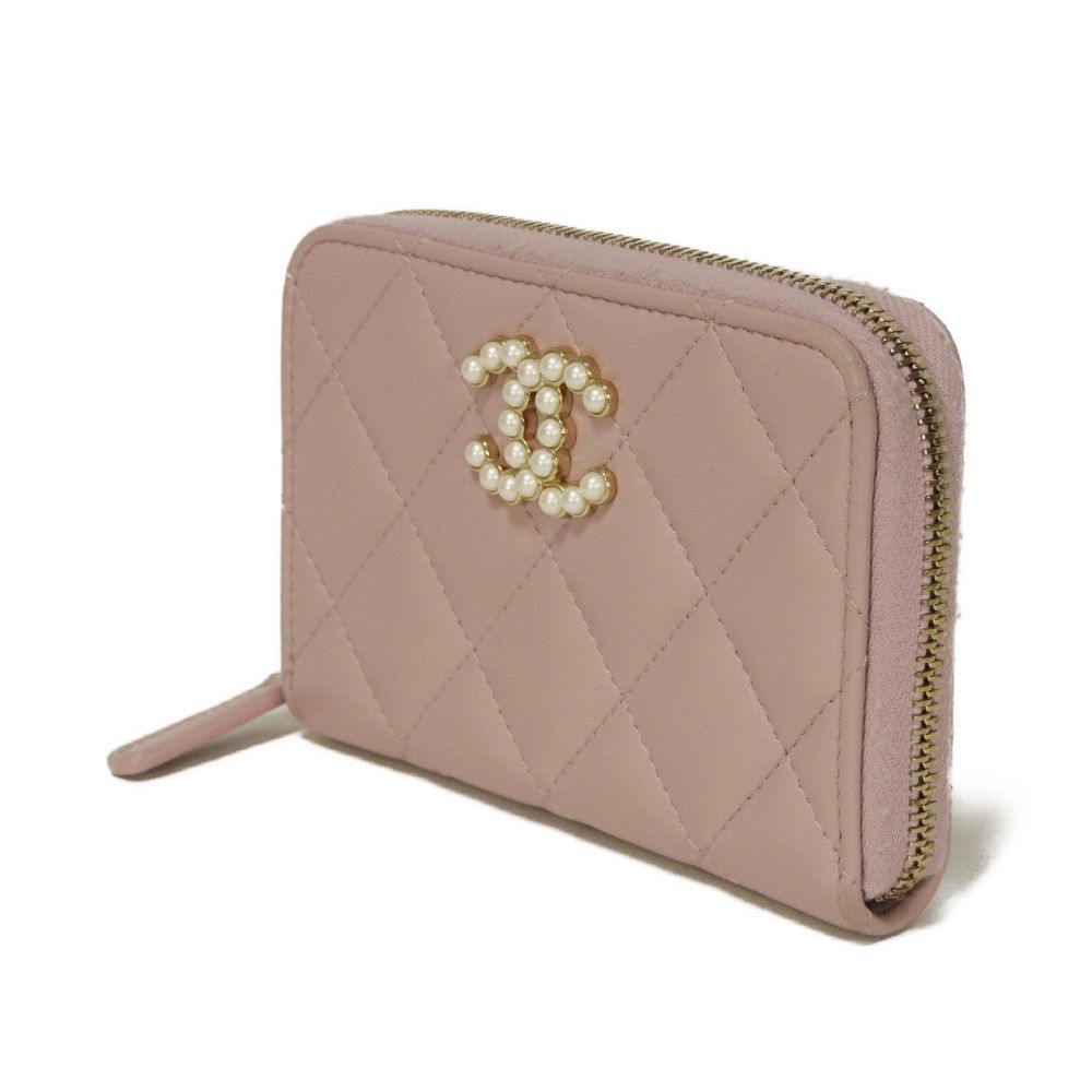 Used 10097 Coco Pearl Zip Coin Purse AP3811 7943 COCO Mark CC Mark Dots Random Matelasse Pink Beige Women's from Japan