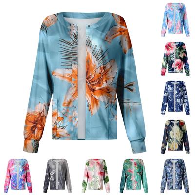 Dámská Ležérní Módní Dlouhý Rukáv Stojáček Jednobarevná Rostlinný Potisk Uniformní Bunda Top