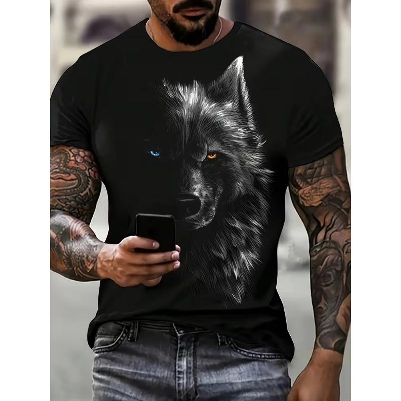 Men's T-shirt Wolf Print Casual Streetwear Fashion Short-sleeved Pullover Summer Outdoor Sports Top Tee Oversized Clothing