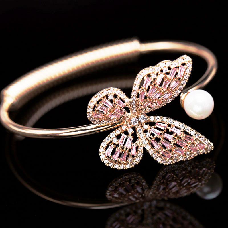 HUAMI Open Insect Charm Butterfly Bracelet for Women Bangle Pearl Pink White Two 6cm Zircon Bracelet Fashion