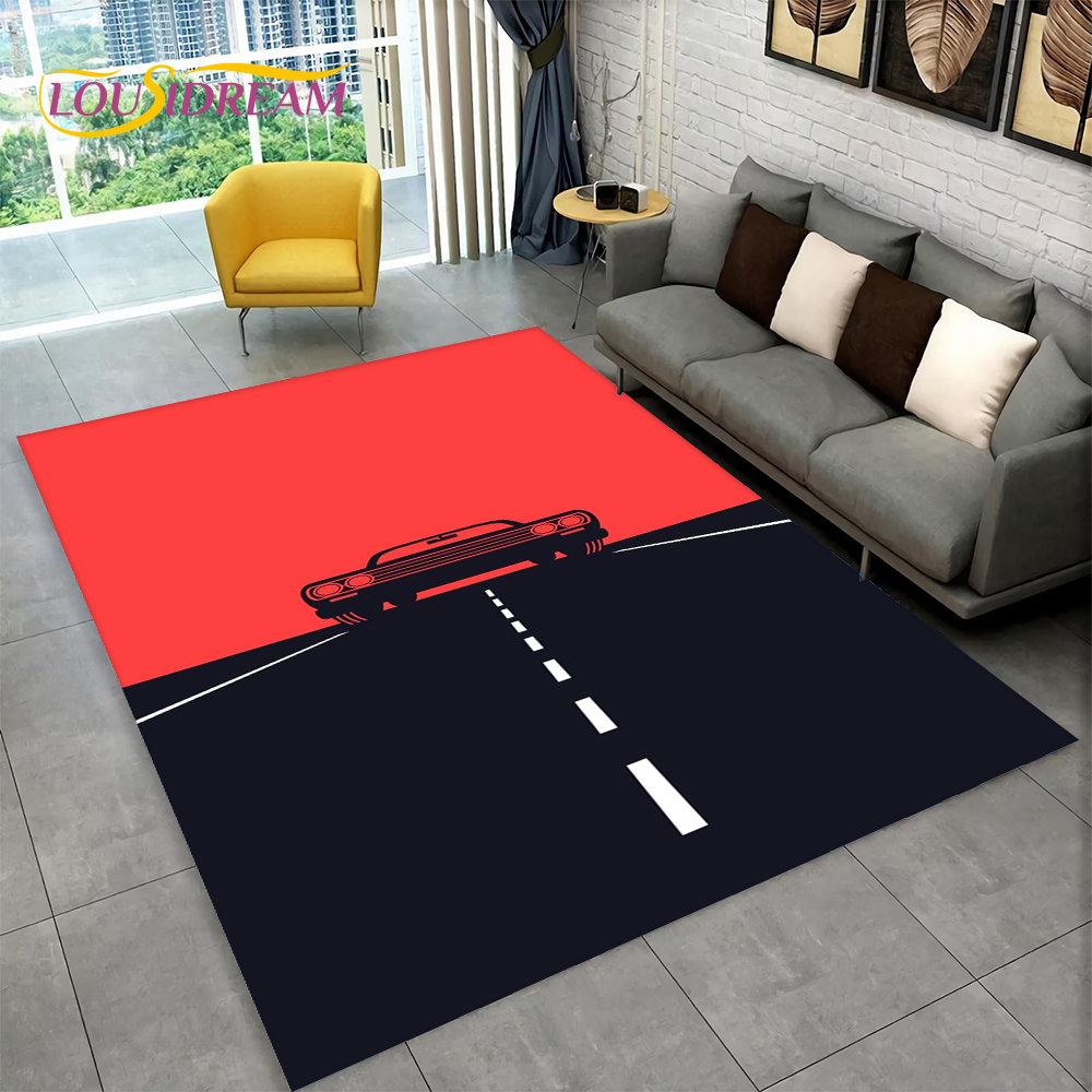Großer Teppich mit Rennsportwagen-Motiv, Teppich für Zuhause, Wohnzimmer, Schlafzimmer, Sofa, Fußmatte, Dekoration, rutschfeste Bodenmatte für Kinder, Küche