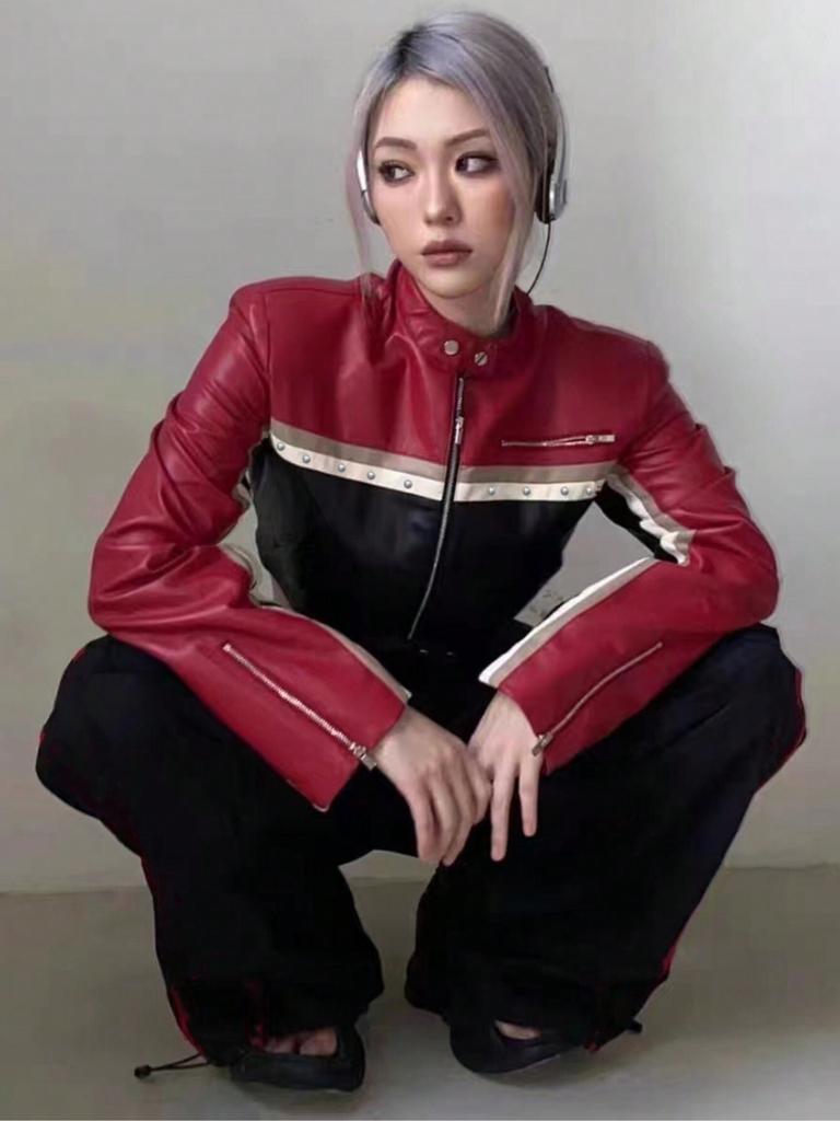 Rose Beauty A Punk Bikercore Colorblock Zipper Studded Detail Crop PU Leather Moto Jacket