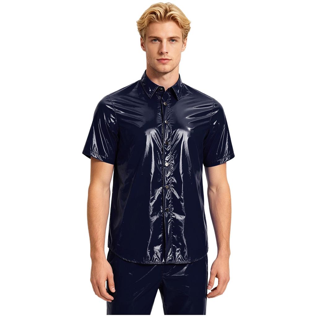 Men Waterproof Shirt Top Short Sleeve Front Button Lapel Wet Look T-shirt Clubwear Beachwear