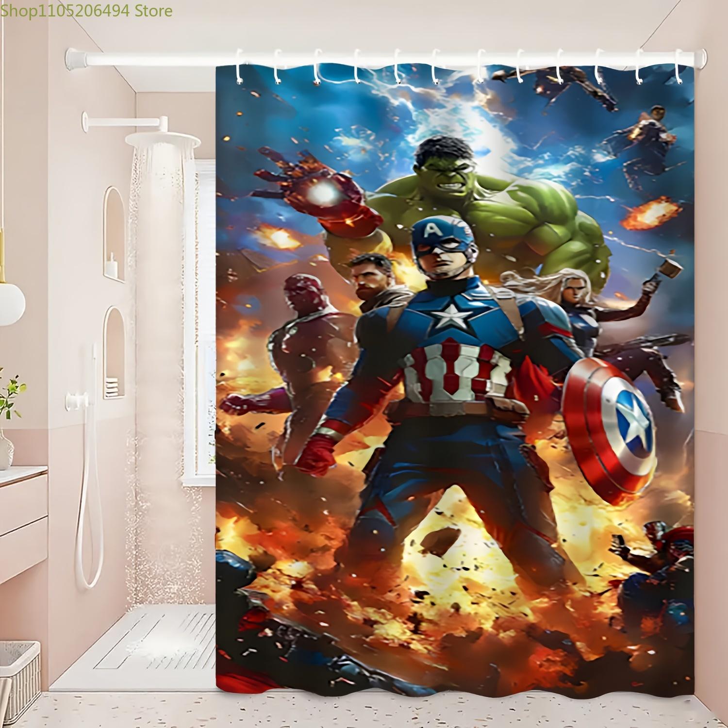 

A Printed Shower Curtain Featuring Battle Scenes of Superheroes Like Captain America And The Hulk. Made from Durable Polyester 90x180cm