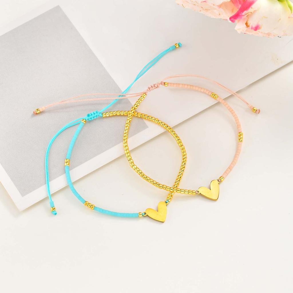 Bohemian Handmade Heart Bracelet, Adjustable Beads Rope Bracelet Stackable for Women Waterproof Jewrlry