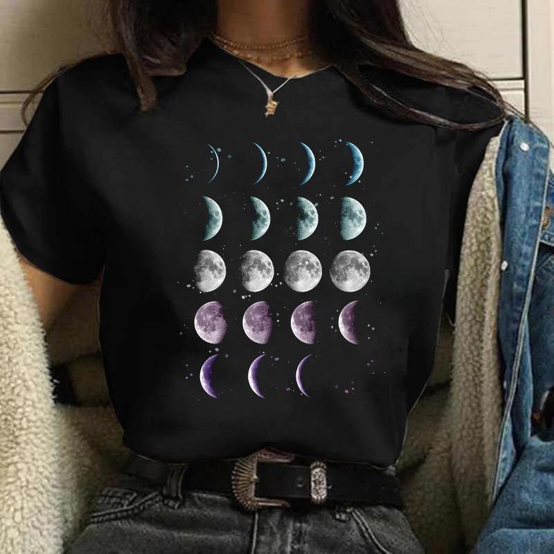 Moon PrintWomen Harajuku Summer T Shirt Girl Fashion Black Tops Funny Female T-shirt Casual Tee Woman Clothes Y2k Cute Tops