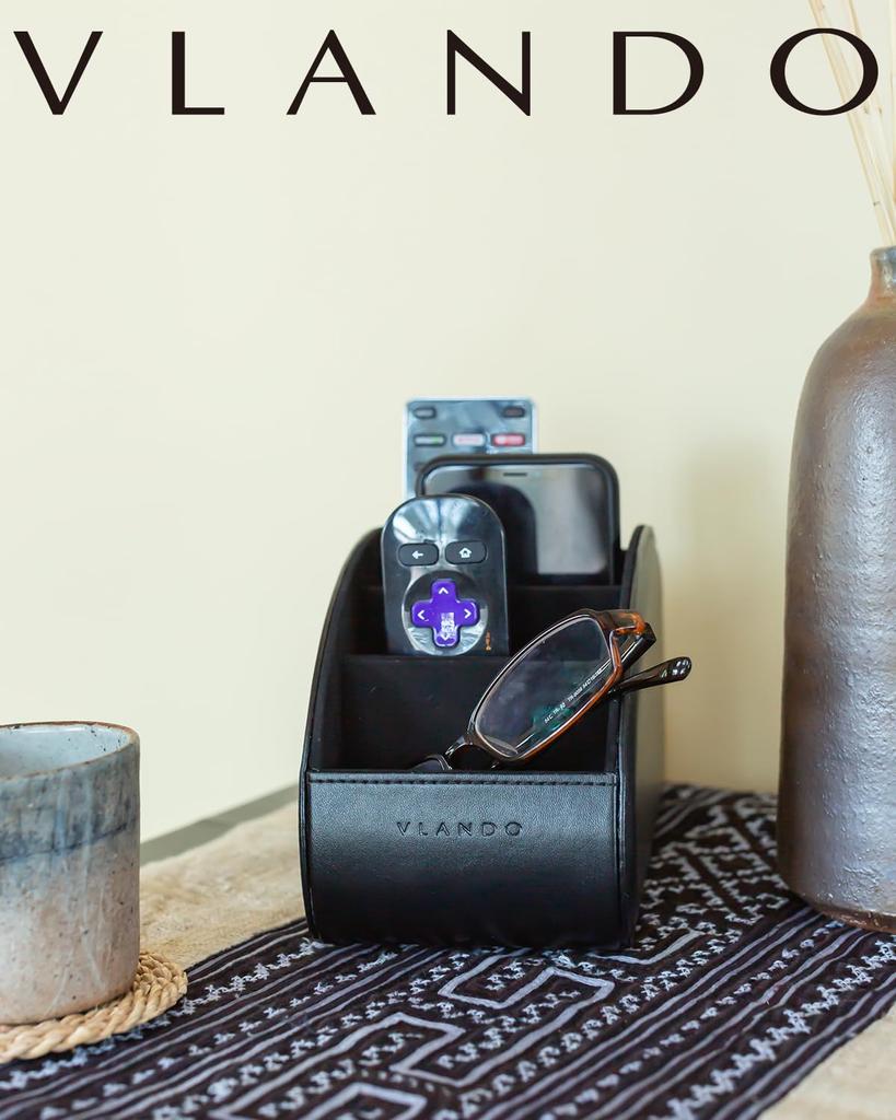 Vlando Remote Control Rack, Large, PU Leather, Remote Control Storage, Tabletop, 5 Compartments, Remote Control Stand, Stylish, Waterproof,