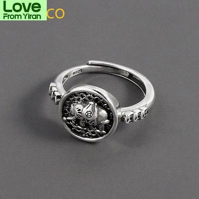 Qmcoco Punk Hip -Hop Animal Elephant Round Ring Ins Style 925 Thai Silver Vintage Design Neutral Man Woman Ring For Party Gifts