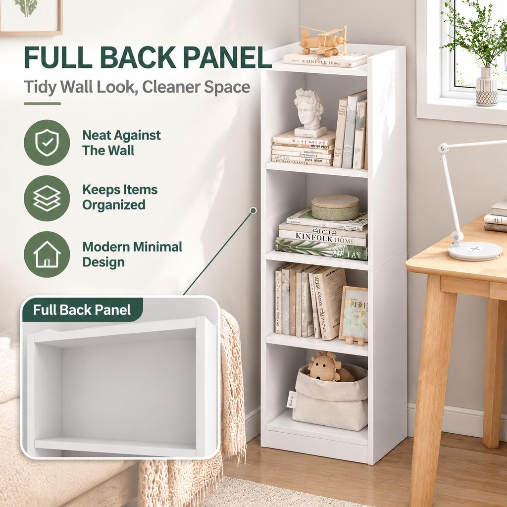 Freestanding Bookshelf Storage Shelf, Warm White, MDF, Full Back Panel, Adjustable Shelves