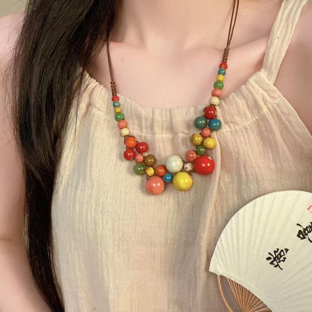 Bohemian ceramic color beaded necklace retro ethnic style weaving niche fashion ethnic style beaded ceramics