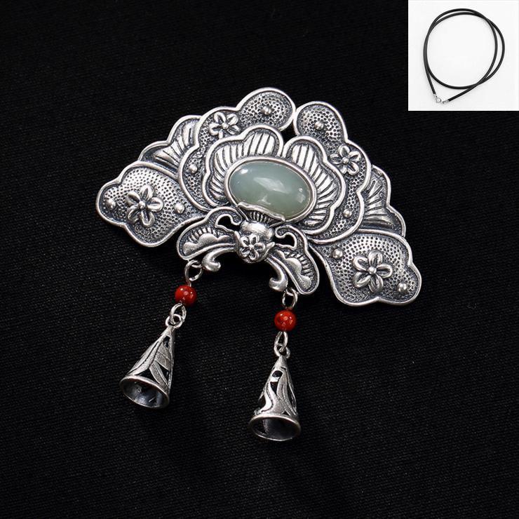 Retro S925 Silver Hetian Jade & Nan Hong Agate Tassel Peony Flower Necklace Pendant for Women
