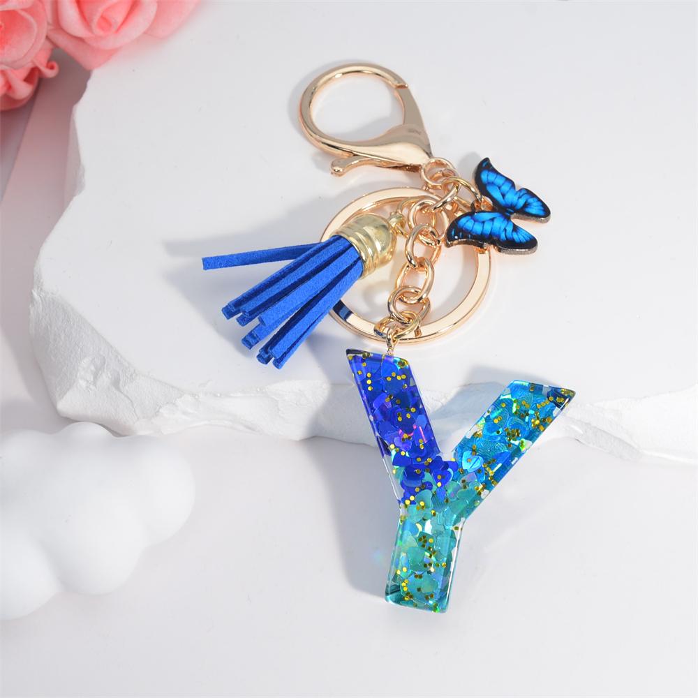 26 English Alphabet Letter Tassels Keychain Crystal Acrylic Butterfly Pendent Key Chain Women Gift Fashion Jewelry Accessories