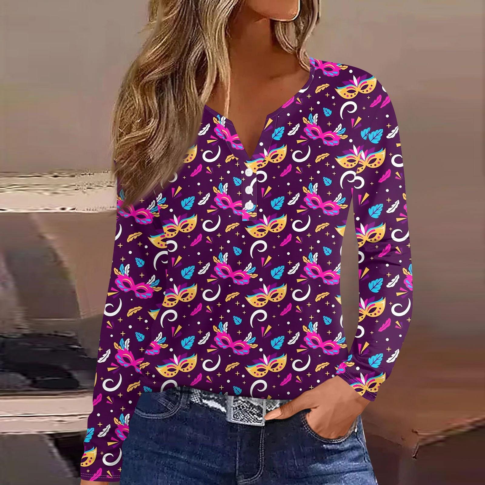 

Женская мода повседневная футболка с принтом Марди Гра и V-образным вырезом, длинным рукавом, на пуговицах XL фиолетовый