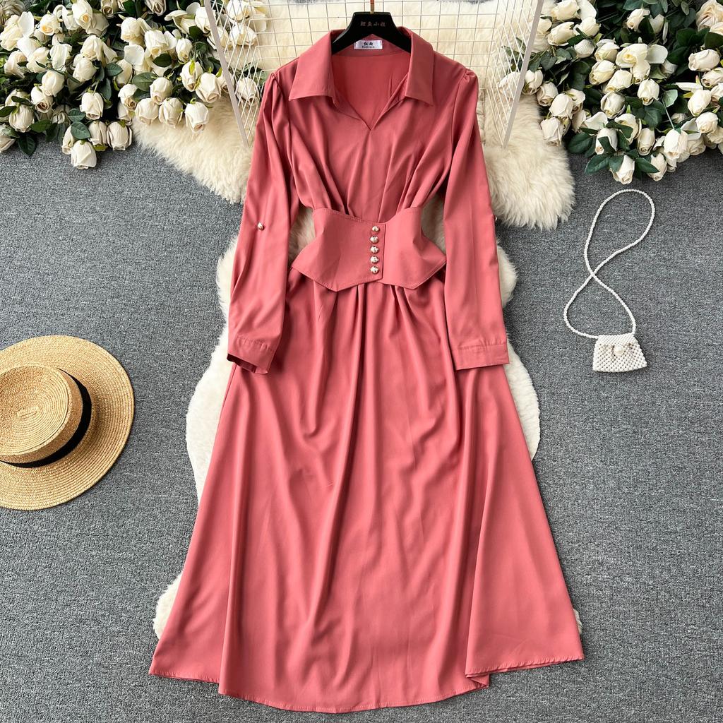 Vintage Spring Autumn Women Dress French Turn-down Collar Full Sleeve Solid Color A-line Female Long Shirt Dresses