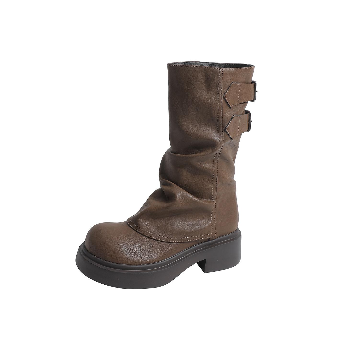 

Cowhide version~ Retro medium tube Martin boots women s autumn and winter round head British style wrinkled versatile short boots stacked thick-soled 40 коричневый