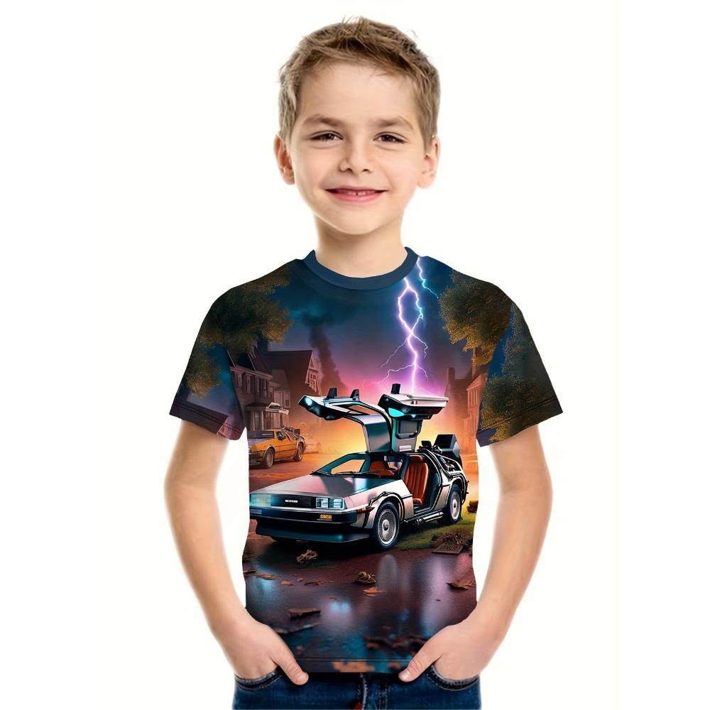 

Детская одежда. Красочные футболки с 3D-графикой гоночных автомобилей. Одежда с коротким рукавом для мальчиков. Футболки. Футболки с круглым вырезом для детей. 130