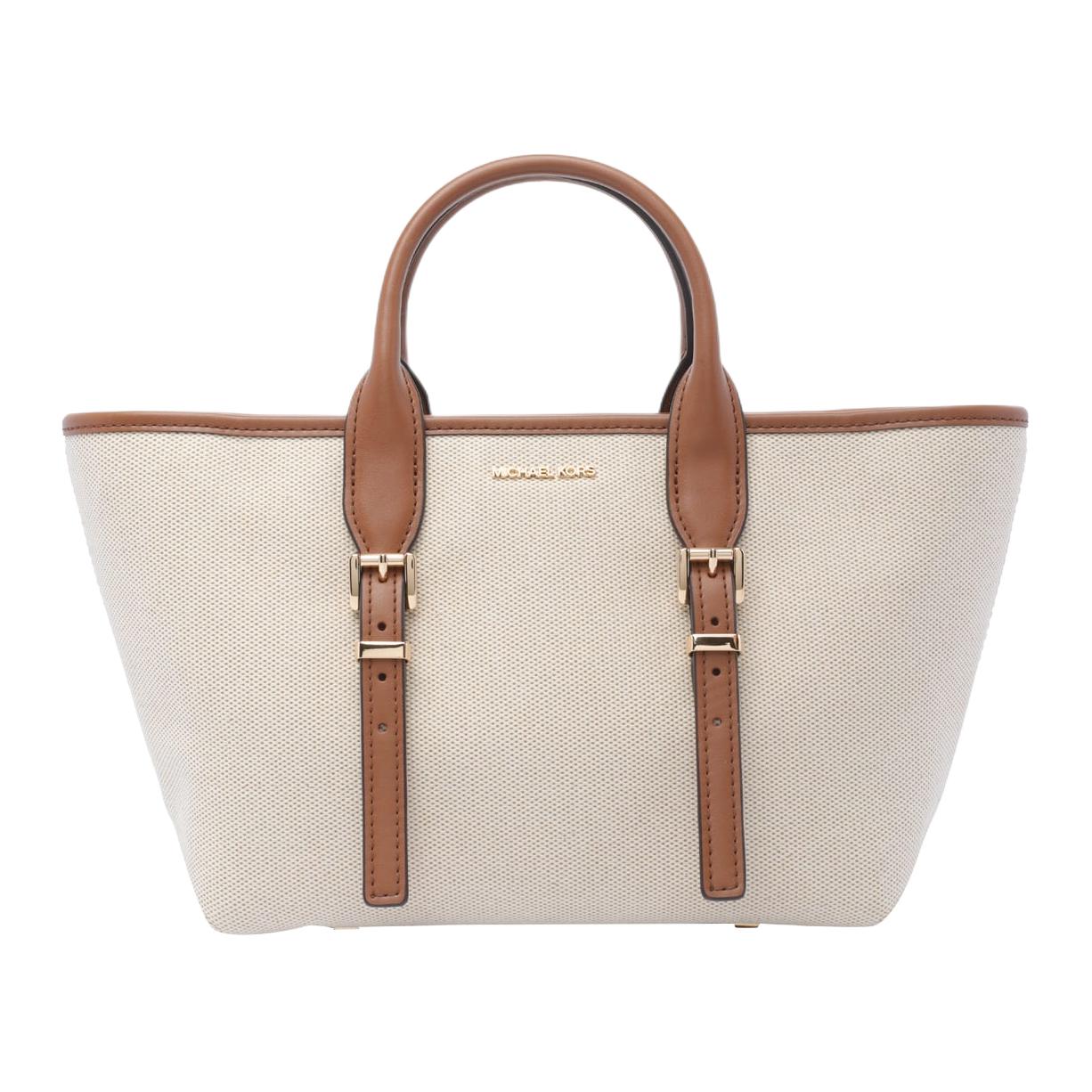 Michael Kors MK Moore Adjustable Detachable Shoulder Strap Metal Logo Cotton Tote Bag Women tote bags Beige 30S5G9OS1C-LUGGAGE Basic Set (Bag+Dust Bag)