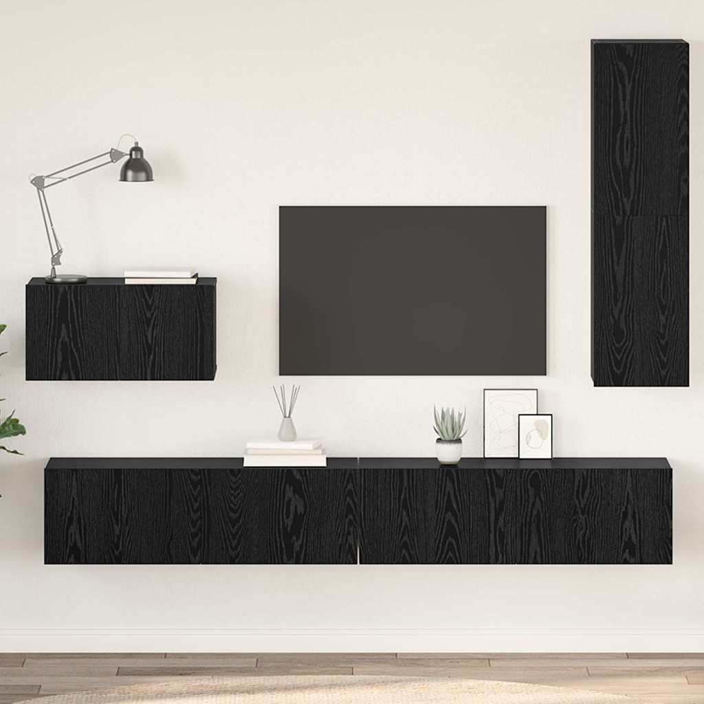 Wall Mounted TV Cabinet Set 4 pcs Black Oak Effect Particleboard
