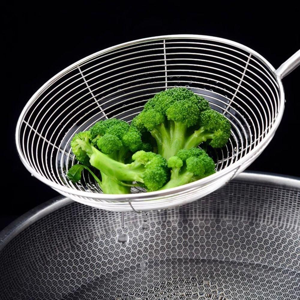 Wooden Handle Mesh Strainer Stainless Steel Fried Sieve Spoon  For Noodle French Fries