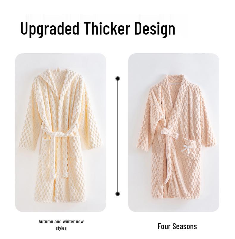 Women's Thickened A-Line Hooded Bathrobe: Pure Cotton, Absorbent & Quick-Drying, Perfect for Autumn/Winter Warmth After Bathing.