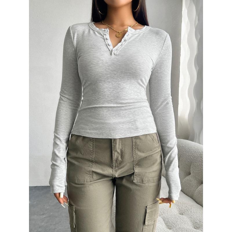 Women's 2024 Autumn and Winter Tops Y2K Temperament Slim V-neck Button Long-sleeved T-shirt