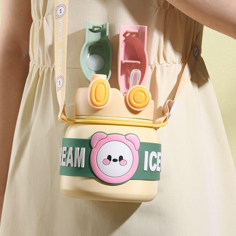 850ML Large Capacity Double Drinking Bottle Portable Children Vacuum Insulation Cup Stainless Steel Straw Thermos Big Belly Cup