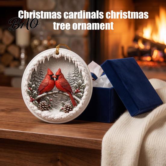 Warm Companionship Winter Decor 2 Pcs Red Bird Christmas Ornaments, 2D Round Acrylic Snowy Scene Thoughtful Presents for Friends Xmas Tree Hanging