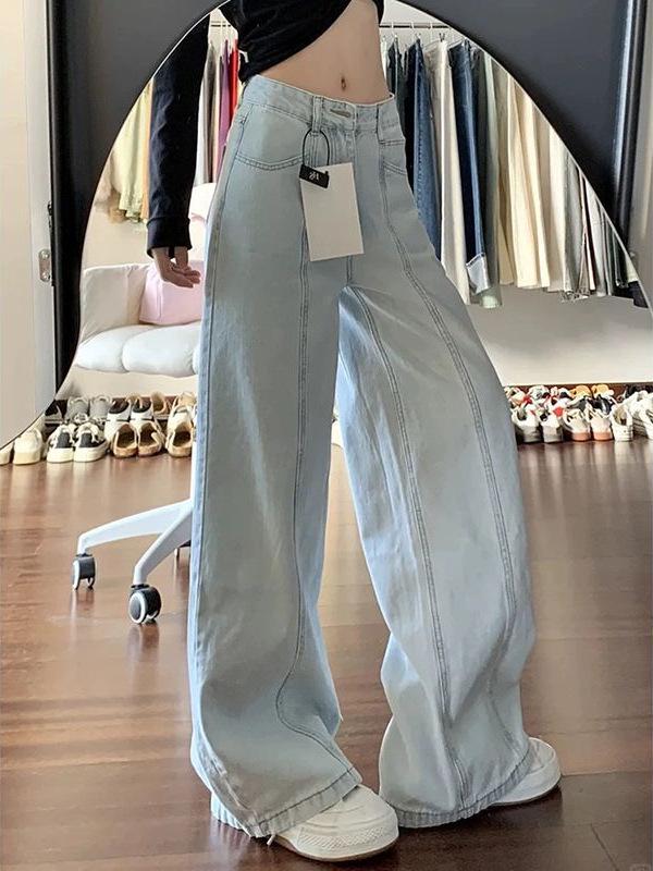 Women's High-Waisted Light Blue Straight-Leg Jeans - Summer Loose Wide-Leg Floor-Length Pants for Plus Size.