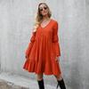 Bohemian Women Summer Dress Loose V-Neck Big Swing Ruffle Above Knee Full Sleeve Solid Color Holiday Spring Dress M-3XL