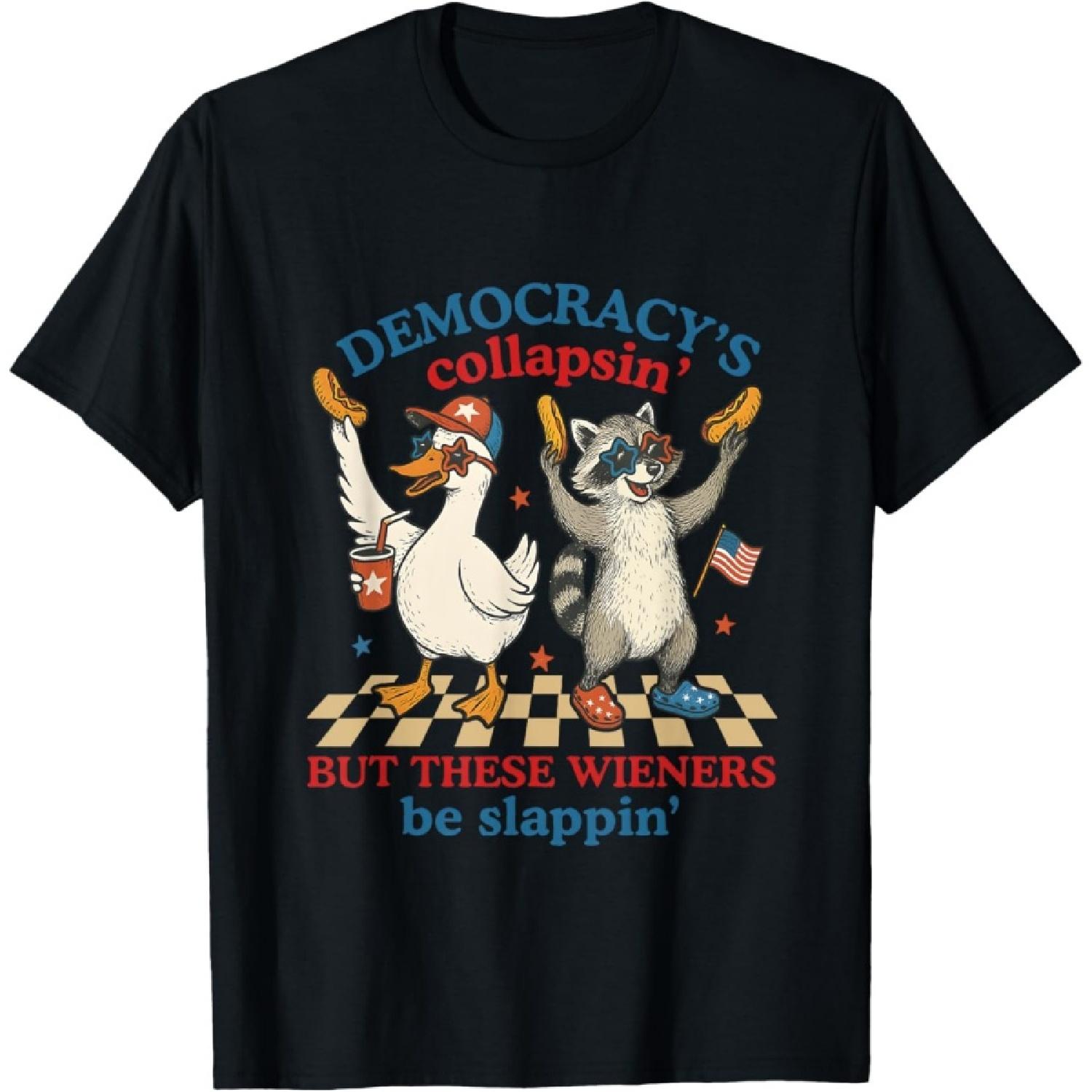 Funny Hot Dog Democracy s Collapsing 4th July Raccoon Goose T-Shirt S