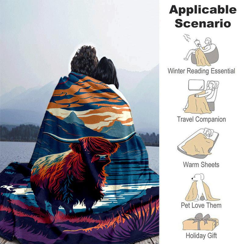 1pc Highland Cow Printing Lightweight Flannel Blanket, Comfortable and Warm Blanket, for Camping Sofa Bed and Couch Office, in All Seasons