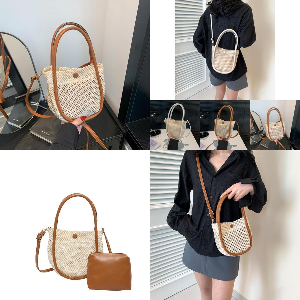 Trendy Summer Korean Style Woven Bag In Beige And Brown For Casual Outings