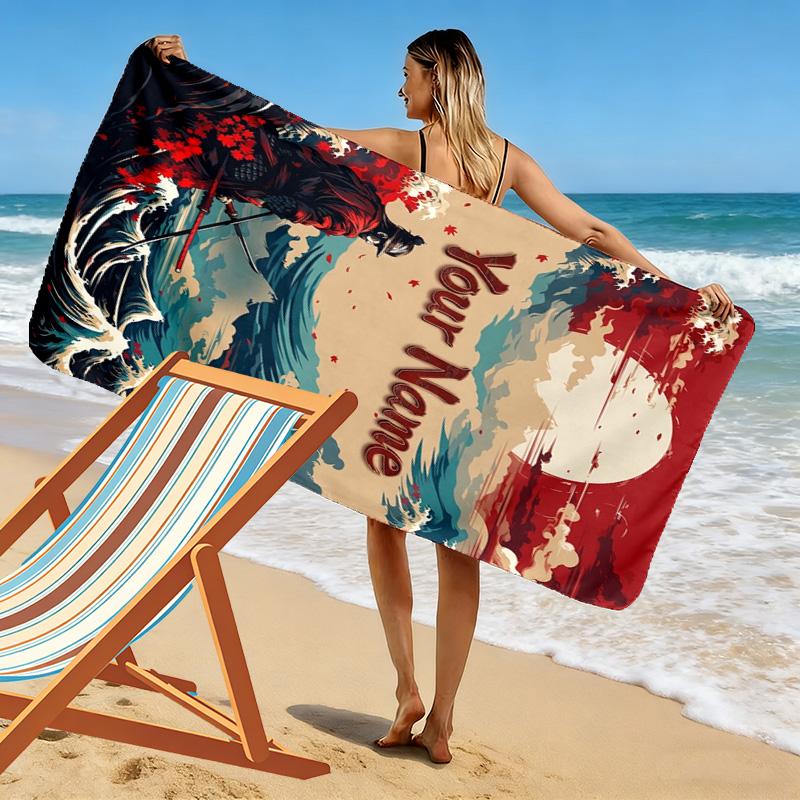 Name Custom Japanese Samurai Print Beach Towel, Large Soft Quick Dry Towel for Beach Camping Swimming