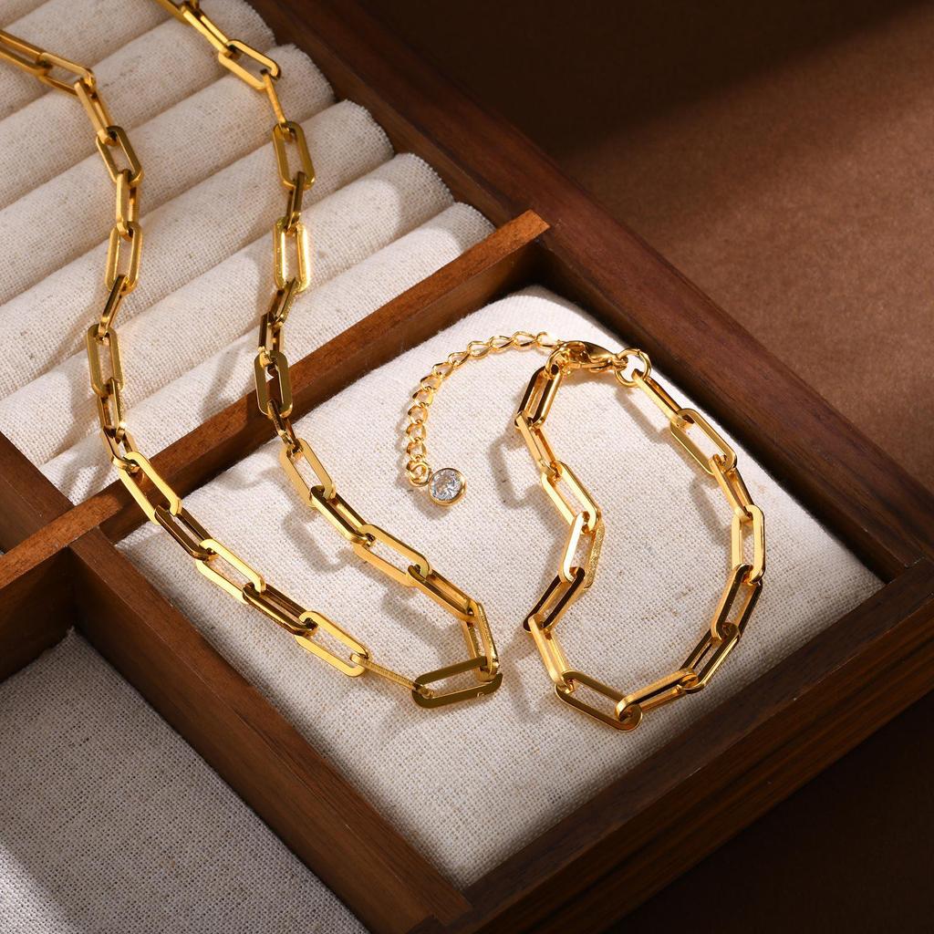 18K Gold Women's Stainless Steel Rectangular Link Chain Necklace - European & American Style Jewelry 1822.