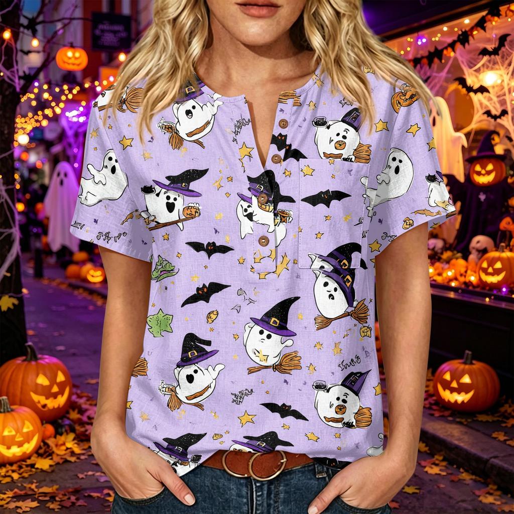 Women's Casual Halloween Print V Neck Short Sleeve Buttoned Three Quarter Sleeve T Shirt Top Lightweight Comfortable Fabric